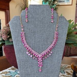 Vintage Pink Rhinestone Bib Necklace & Earring Set Barbie Prom Formal Sparkly
